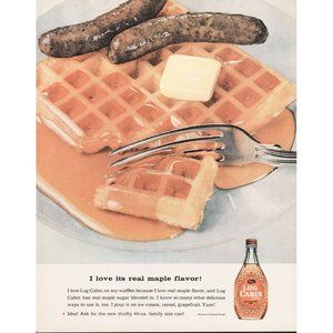 1957 Log Cabin Pancake Syrup Vintage Print Ad Waffles Sausage Breakfast Art 50s